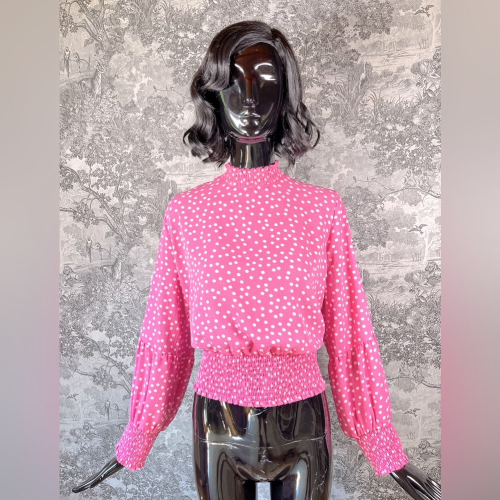 Pink Polka-Dot Mock Neck Blouse